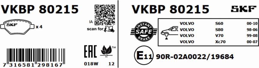 SKF VKBP 80215 - Тормозные колодки, дисковые, комплект autospares.lv