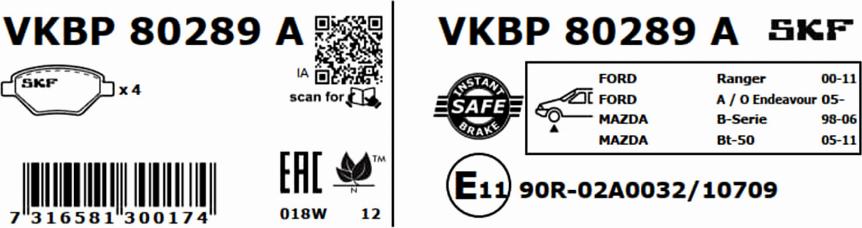 SKF VKBP 80289 A - Тормозные колодки, дисковые, комплект autospares.lv