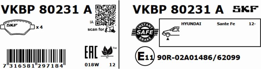 SKF VKBP 80231 A - Тормозные колодки, дисковые, комплект autospares.lv