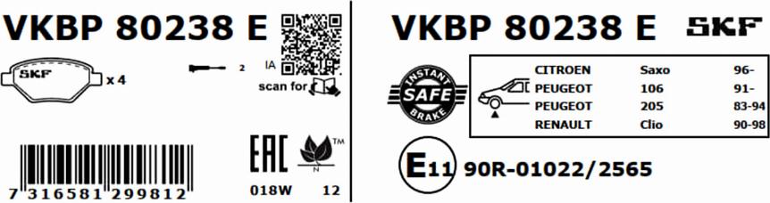 SKF VKBP 80238 E - Тормозные колодки, дисковые, комплект autospares.lv