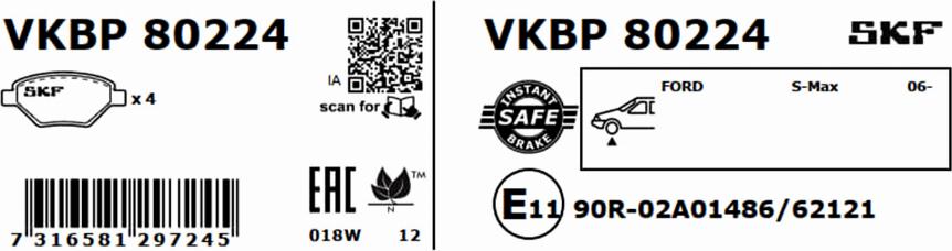 SKF VKBP 80224 - Тормозные колодки, дисковые, комплект autospares.lv