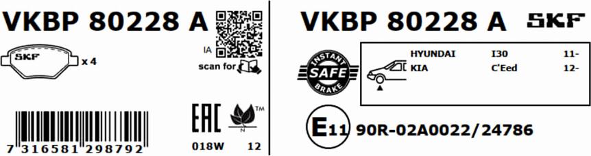 SKF VKBP 80228 A - Тормозные колодки, дисковые, комплект autospares.lv