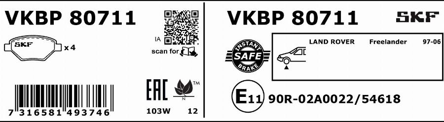 SKF VKBP 80711 - Тормозные колодки, дисковые, комплект autospares.lv