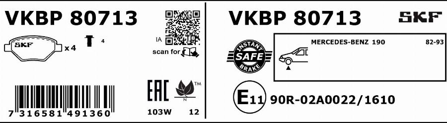 SKF VKBP 80713 - Тормозные колодки, дисковые, комплект autospares.lv