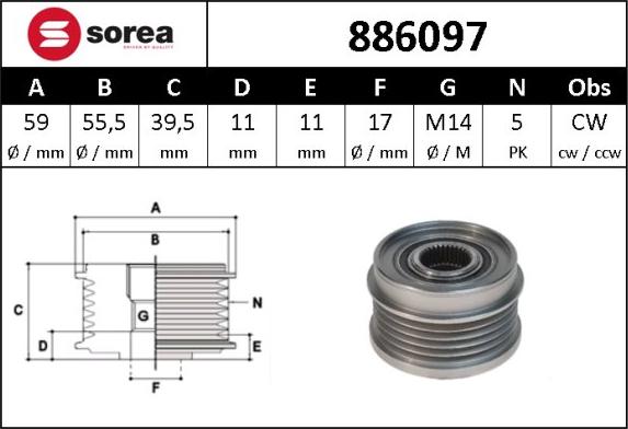 SNRA 886097 - Шкив генератора, муфта autospares.lv