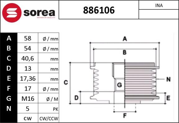 SNRA 886106 - Шкив генератора, муфта autospares.lv