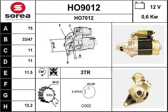 SNRA HO9012 - Стартер autospares.lv