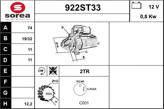 STARTCAR 922ST33 - Стартер autospares.lv