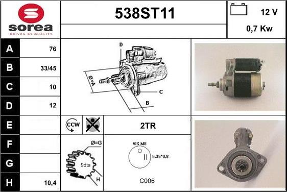 STARTCAR 538ST11 - Стартер autospares.lv