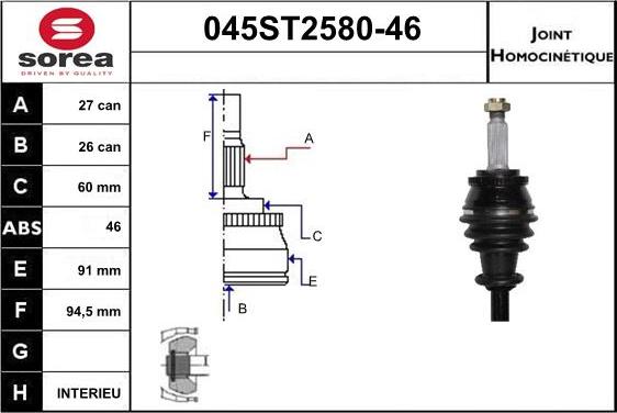 STARTCAR 045ST2580-46 - Шарнирный комплект, ШРУС, приводной вал autospares.lv