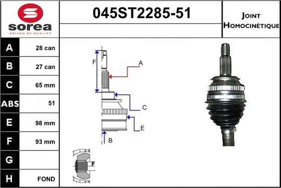 STARTCAR 045ST2285-51 - Шарнирный комплект, ШРУС, приводной вал autospares.lv