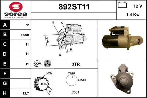 STARTCAR 892ST11 - Стартер autospares.lv