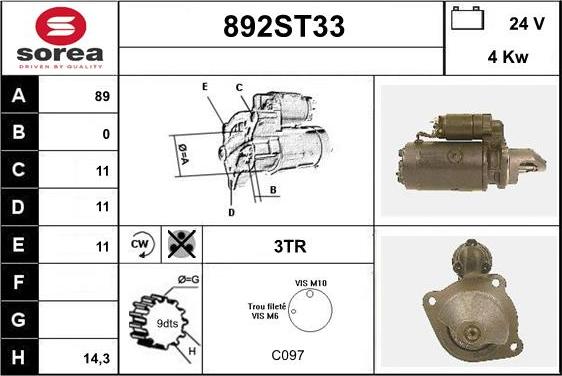 STARTCAR 892ST33 - Стартер autospares.lv