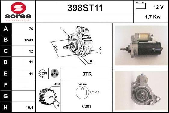 STARTCAR 398ST11 - Стартер autospares.lv