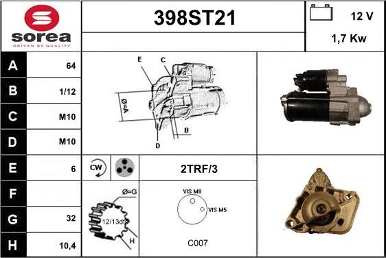 STARTCAR 398ST21 - Стартер autospares.lv