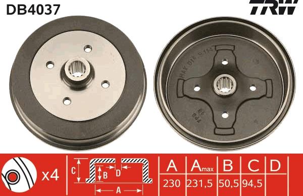 TRW DB4037 - Тормозной барабан autospares.lv