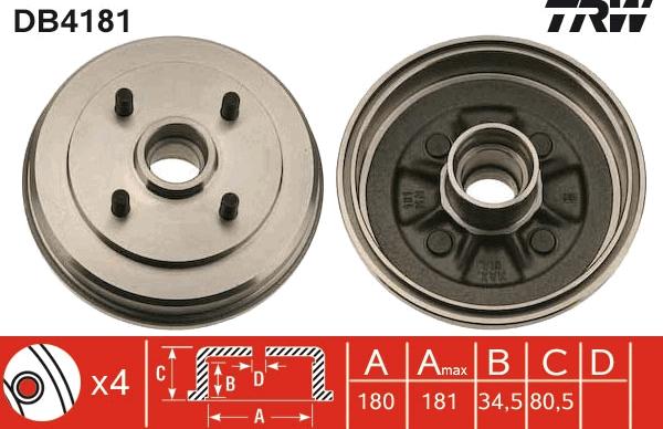 TRW DB4181 - Тормозной барабан autospares.lv