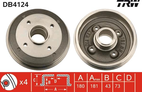 TRW DB4124 - Тормозной барабан autospares.lv