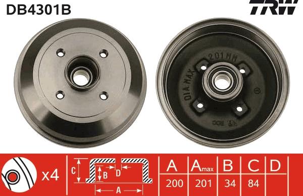 TRW DB4301B - Тормозной барабан autospares.lv