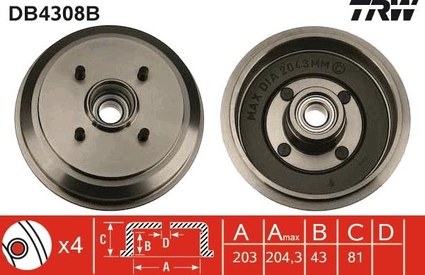 TRW DB4308B - Тормозной барабан autospares.lv