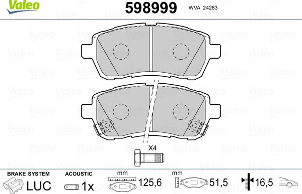 Valeo 598999 - Тормозные колодки, дисковые, комплект autospares.lv