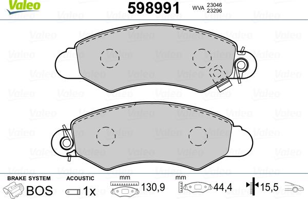 Valeo 598991 - Тормозные колодки, дисковые, комплект autospares.lv