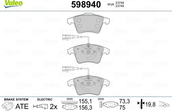 Valeo 598940 - Тормозные колодки, дисковые, комплект autospares.lv