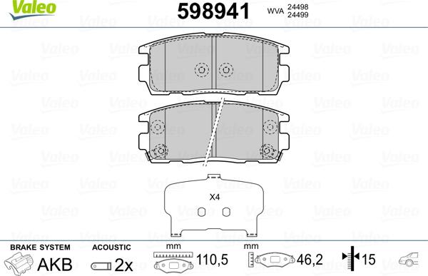 Valeo 598941 - Тормозные колодки, дисковые, комплект autospares.lv