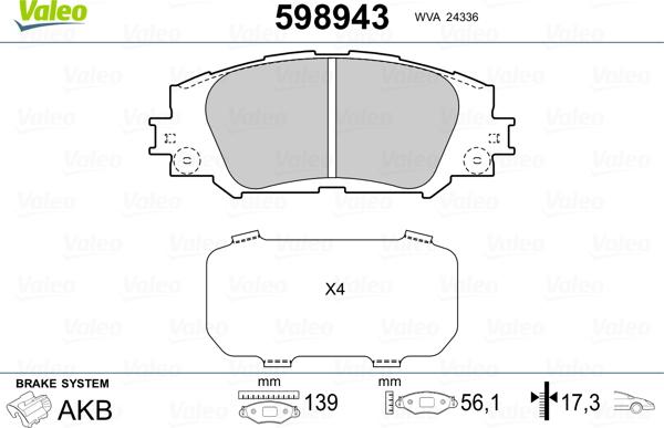 Valeo 598943 - Тормозные колодки, дисковые, комплект autospares.lv