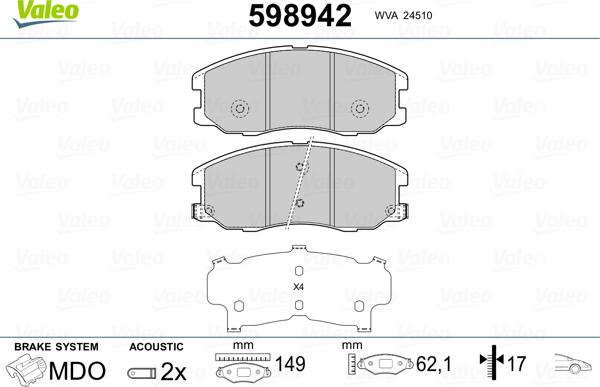 Valeo 598942 - Тормозные колодки, дисковые, комплект autospares.lv