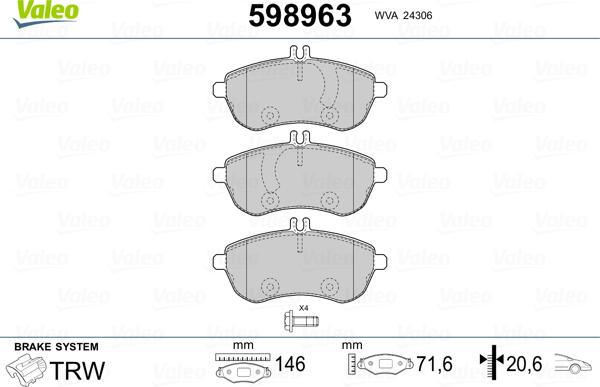 Valeo 598963 - Тормозные колодки, дисковые, комплект autospares.lv