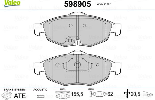 Valeo 598905 - Тормозные колодки, дисковые, комплект autospares.lv