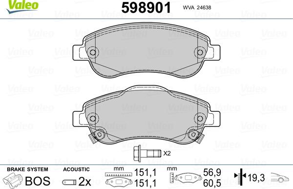 Valeo 598901 - Тормозные колодки, дисковые, комплект autospares.lv