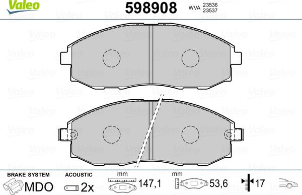 Valeo 598908 - Тормозные колодки, дисковые, комплект autospares.lv