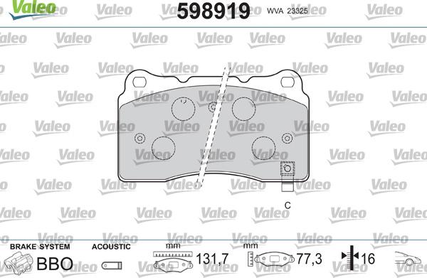 Valeo 598919 - Тормозные колодки, дисковые, комплект autospares.lv