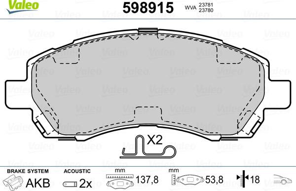 Valeo 598915 - Тормозные колодки, дисковые, комплект autospares.lv