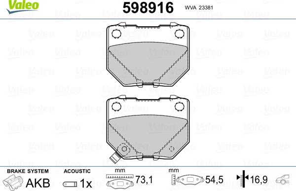 Valeo 598916 - Тормозные колодки, дисковые, комплект autospares.lv