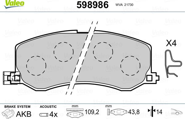 Valeo 598986 - Тормозные колодки, дисковые, комплект autospares.lv