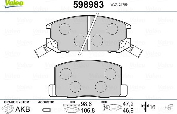 Valeo 598983 - Тормозные колодки, дисковые, комплект autospares.lv