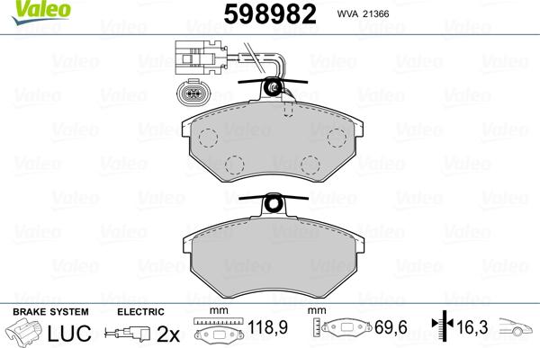 Valeo 598982 - Тормозные колодки, дисковые, комплект autospares.lv