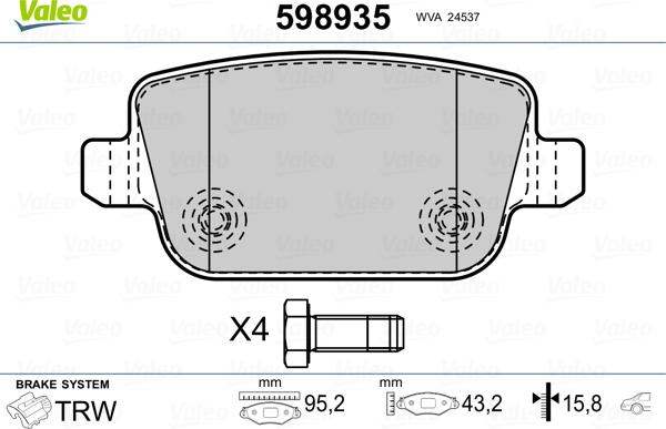 Valeo 598935 - Тормозные колодки, дисковые, комплект autospares.lv