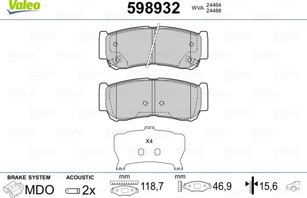 Valeo 598932 - Тормозные колодки, дисковые, комплект autospares.lv