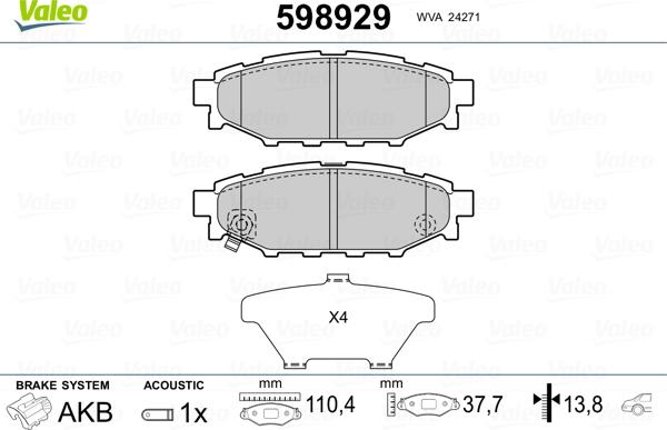 Valeo 598929 - Тормозные колодки, дисковые, комплект autospares.lv