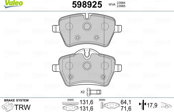 Valeo 598925 - Тормозные колодки, дисковые, комплект autospares.lv