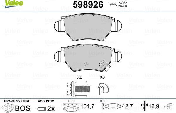 Valeo 598926 - Тормозные колодки, дисковые, комплект autospares.lv