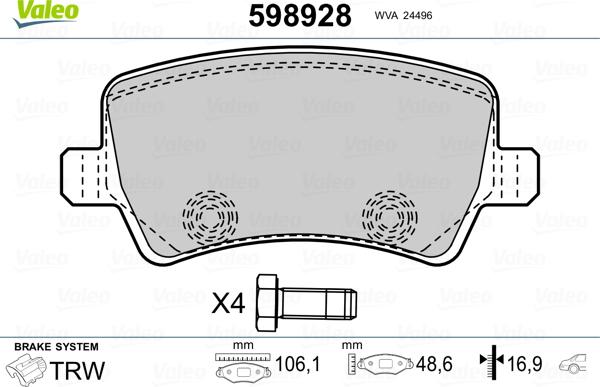 Valeo 598928 - Тормозные колодки, дисковые, комплект autospares.lv