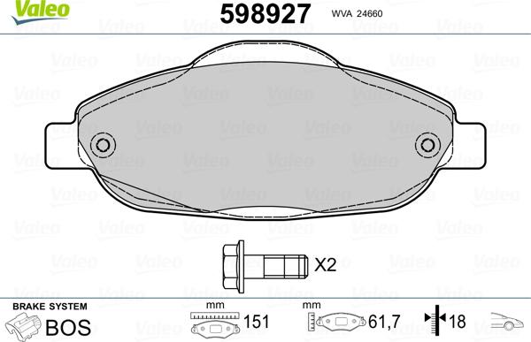 Valeo 598927 - Тормозные колодки, дисковые, комплект autospares.lv