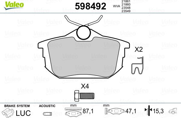 Valeo 598492 - Тормозные колодки, дисковые, комплект autospares.lv