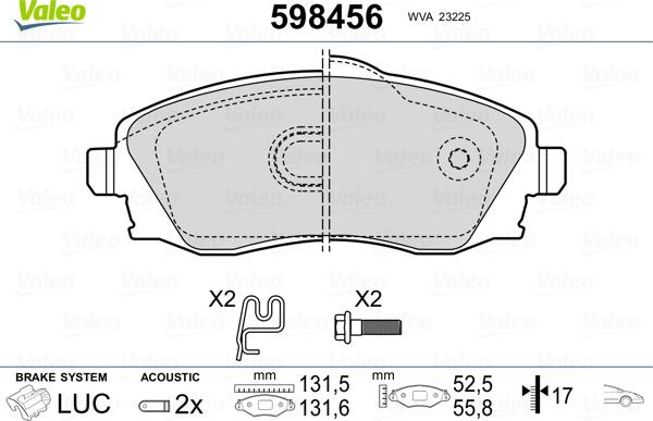 Valeo 598456 - Тормозные колодки, дисковые, комплект autospares.lv