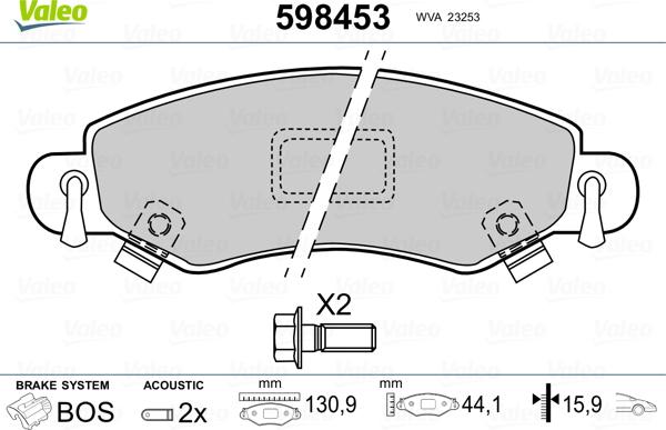 Valeo 598453 - Тормозные колодки, дисковые, комплект autospares.lv